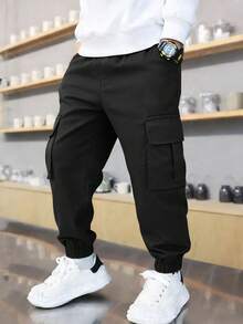 1 chiếc quần jogger cargo nhiều túi, đa năng, cá tính, phong cách đường phố Mỹ dành cho bé trai. - màu đen - Xem 1