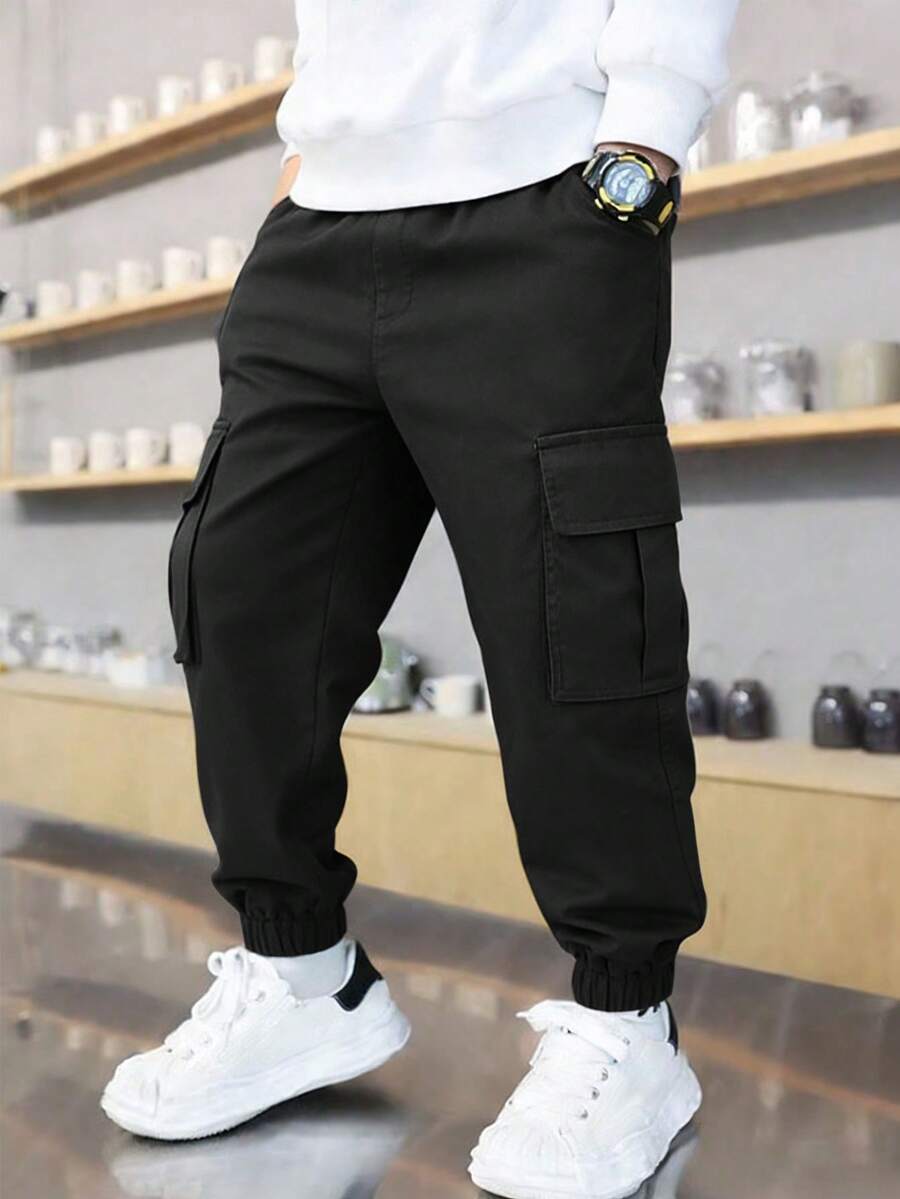 1 chiếc quần jogger cargo nhiều túi, đa năng, cá tính, phong cách đường phố Mỹ dành cho bé trai. - màu đen - Xem 1