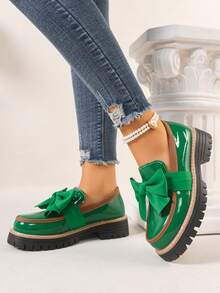New Women's Loafers Thick Sole Spring/Autumn Fashion Versatile PU Outdoor Wear Bow Patent Leather Black Round Toe Slip-On Shoes - Green - View 5