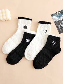 4双装女士低帮袜 - 华夫格针织花呢心形山茶花刺绣泡泡袜口，适合春夏穿着 - 彩色 - 查看 8