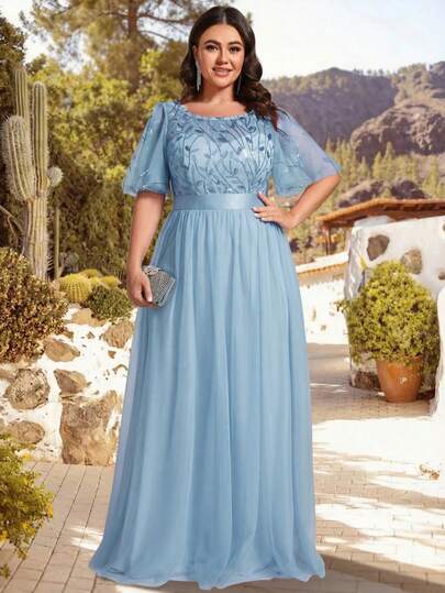 EVERPRETTY Plus Elegant Contrast Sequin Bodice Mesh Sky Blue Bridesmaid Dresses Spring Summer Formal Dress For Party Holiday Valentine's Day