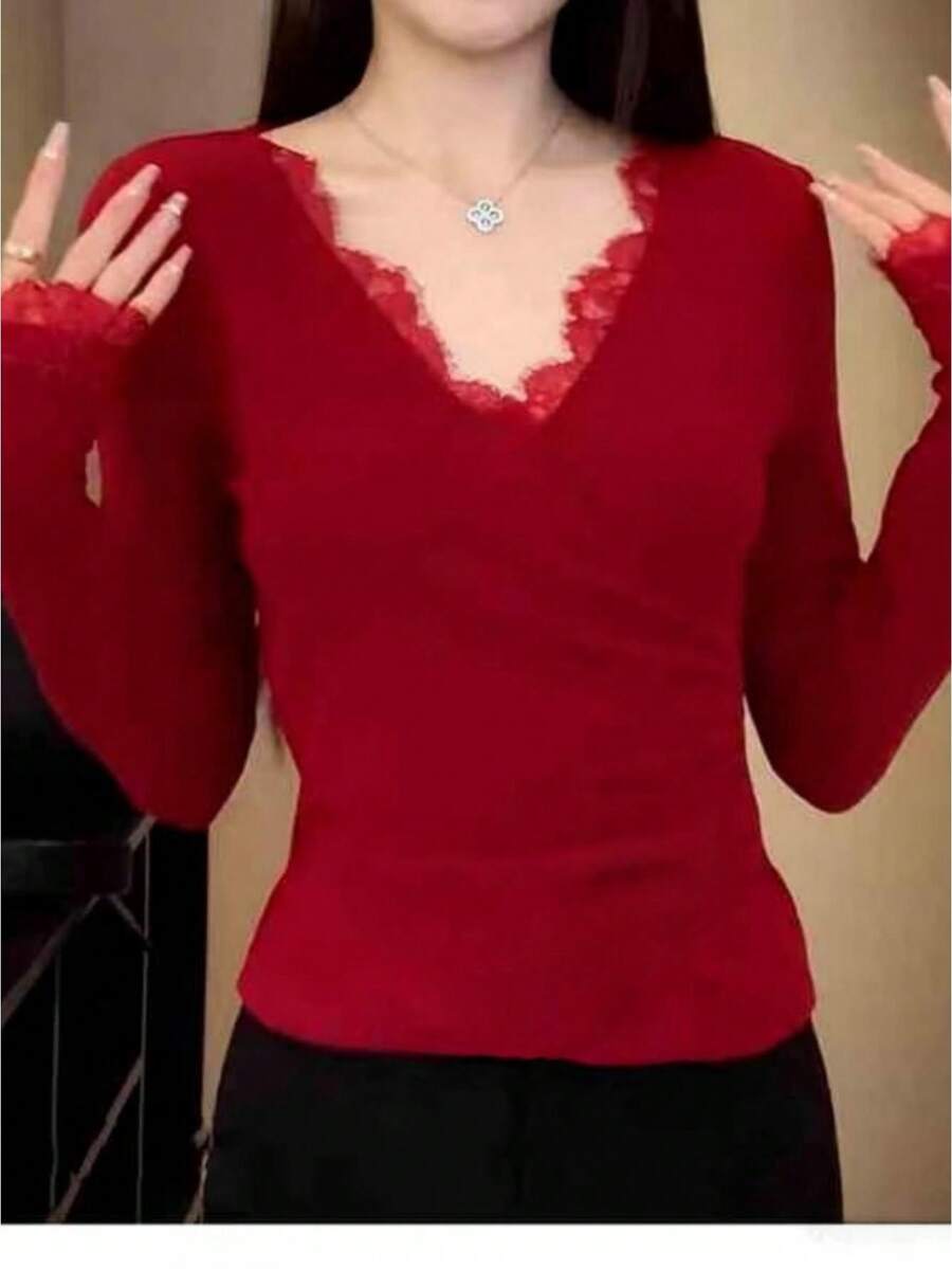 Women's Y2k Lace Trim Crop Tops Sexy Deep V Neck Long Sleeve Solid Color Slim Fit T-Shirts Blouses Going Out Tops For Spring Fall Aesthetic Clothes Streetwear - 紅色 - 查看 1