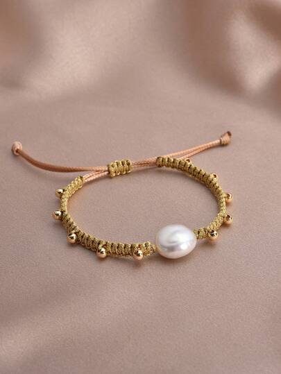 1pc 18K Gold Plated Natural Pearl Handmade Braided Bracelet, Suitable For Men And Women, Everyday Wear