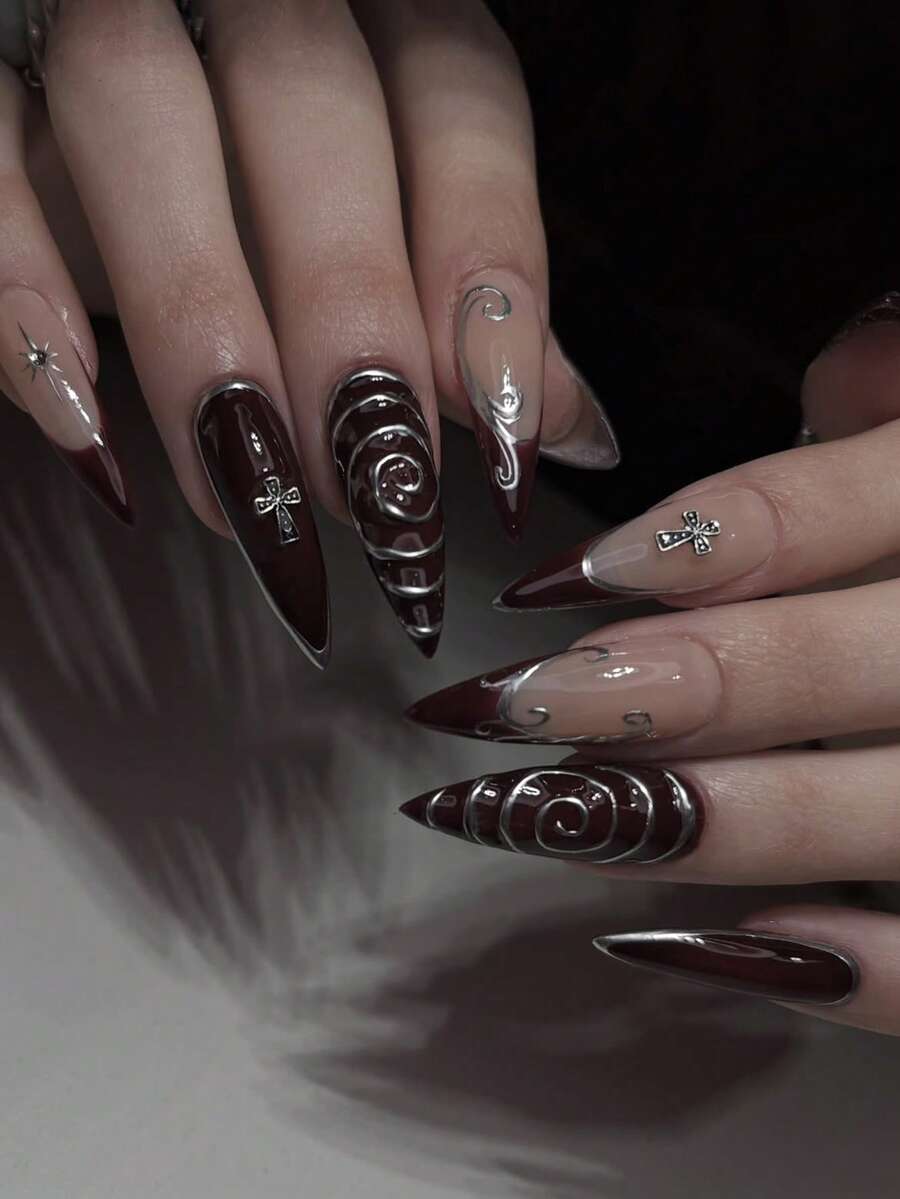 24片法式杏仁形美甲贴纸，3D银线艺术尖头装饰十字设计朋克机械Y2K风格，表面光滑，全覆盖假指甲，适合女性和女孩日常佩戴的美甲用品 - 酒紅色 - 查看 1