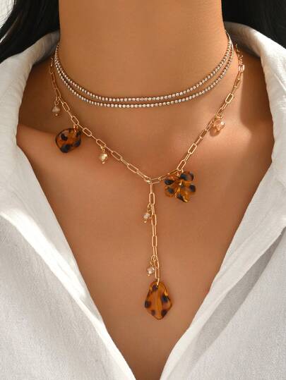 2pcs/Set Niche Versatile Crystal Rhinestone Leopard Flower Y-Necklace, Fashionable Women Neck Jewelry Suitable For Daily Wear And Party, Adjustable Chain Length