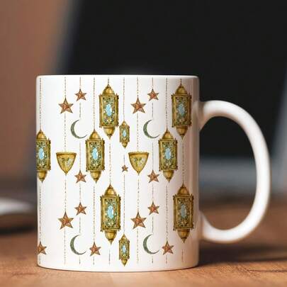 1pc 11oz Ceramic Mug/Coffee Cup Features Ramadan Motifs Including A Crescent Moon (An Islamic Religious Symbol), Mosque Architecture, Arabic-Style Lanterns, And Star Motifs. Suitable For Everyday Commuting, Parties, And Social Occasions. Perfect For Tea, Coffee, Or Juice. A Thoughtful Gift For Friends, Family, Or Anyone Else During The Holidays.