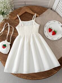 BASUSARRI Girls' Spaghetti Strap Dress With Strawberry V-Waist And Flared Skirt, Paired With Fashionable Mini Bag, Elegant & Cute Dress For Birthday Party And Casual Occasions - White - View 3