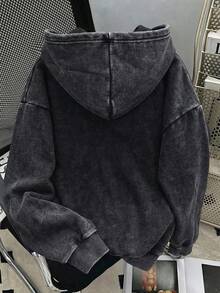 女士秋冬植物印花卫衣，略带弹力，修身剪裁，做旧水洗效果，棉混纺保暖内衬，黑色套头长袖连帽卫衣，休闲日常卫衣 - 黑色 - 查看 3