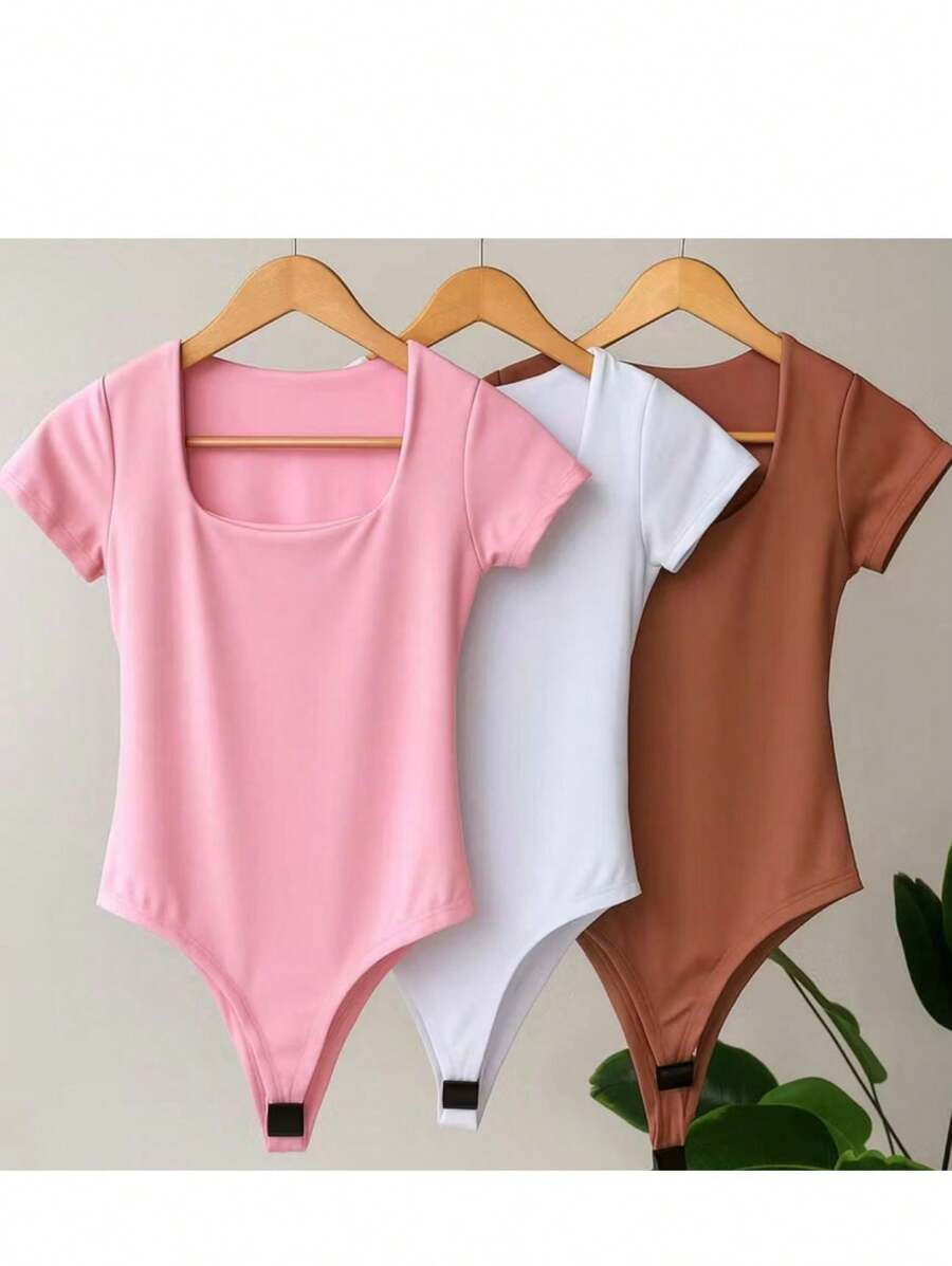 Set Of 3 Women's Bodysuits With Square Neckline, Short Sleeves, Spandex Fabric, Summer Fashion - 粉紅色/白色/棕色 - 查看 1