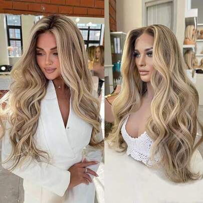 Misty Moon 镀金海滩波浪 100% 真人发假发 无胶佩戴 升级裸色蕾丝假发 适合白人女性 13x4 高清透明蕾丝前额假发 预先拔毛 欧洲顶级 250% 密度 24 英寸挑染灰金色水波纹蕾丝前额假发 透气帽假发