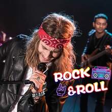 5pcs Punk Gothic Rock Additions | Fake Tattoo Sleeves Covers, Bandana, Black PU Gloves, Inflatable Guitar | Fancy Dress For Women Men, Adult Rock And Roll Costume, 80s 90s Disco Carnival Halloween Cosplay Dress Up Party Supplies - Multicolor - View 3