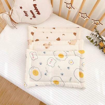 1个婴儿枕，0-1岁新生儿棉纱布平枕，卡通熊印花，婴儿安抚枕垫，适合日常使用