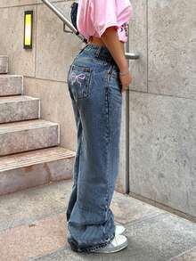 Jeans rectos de color claro clásicos para mujer con bolsillos traseros bordados, uso casual de todos los días para primavera - Azul lavado oscuro - Ver 7