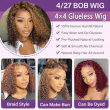 DOmbre Highlight Gluel Wigs Human Hair Pre Plucked Pre Cut Deep Wave Bob Wig Human Hair 4/27 Lace Front Wigs For Beginners Upgraded No Glue 4x4 Lace Closure Gluel Wigs For Black Women 12 Inch - Gluelessbobwig427Highlight - Xem 2