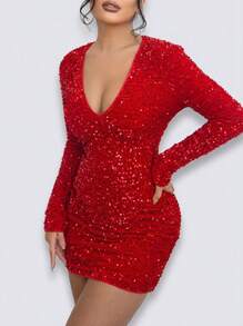Sedessea Women's Fashionable Sexy Sequin Bodycon Mini Dress - Red - View 1
