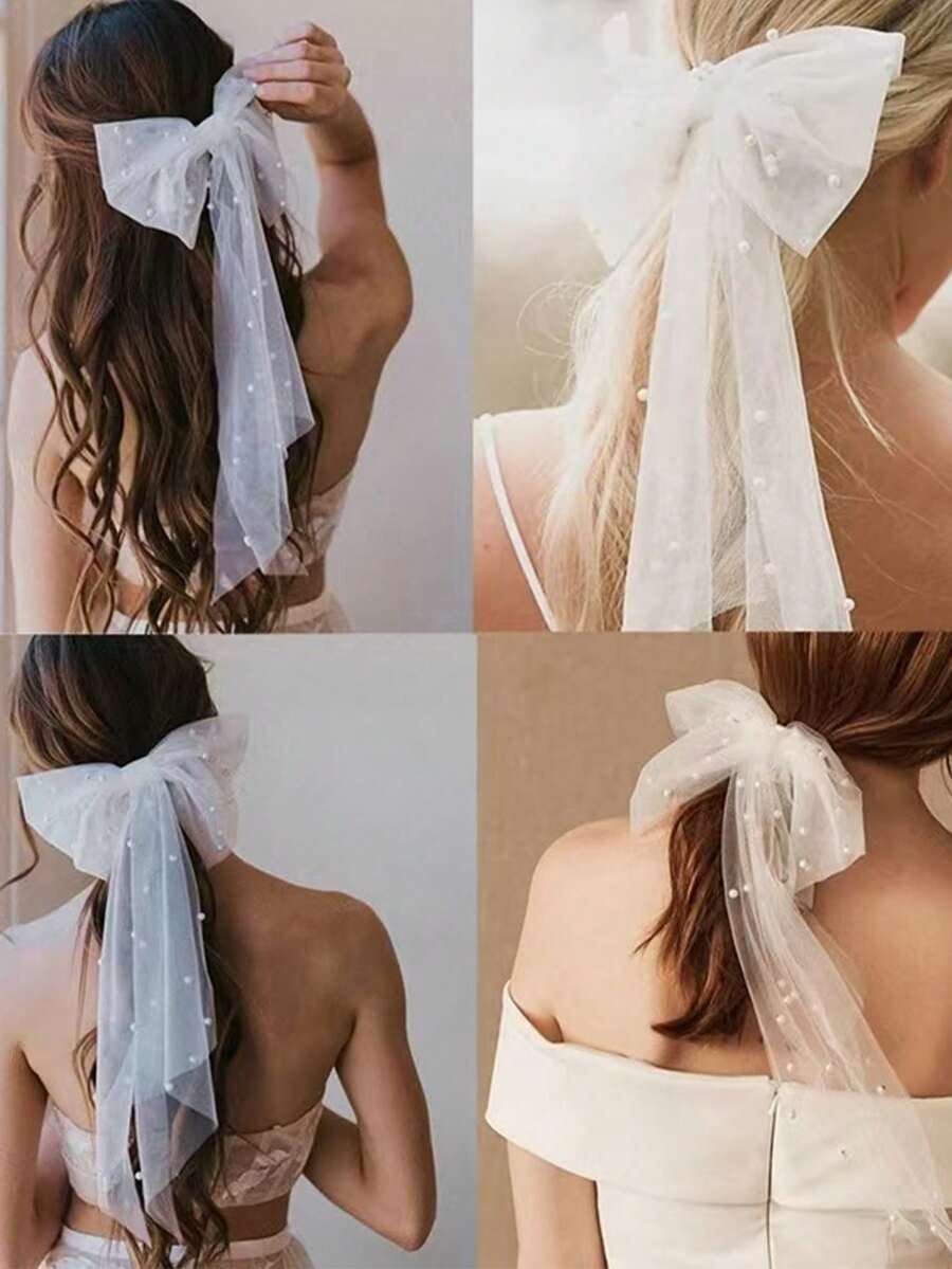Pinzas para el cabello vintage para damas de honor, con cuentas, tul, cinta, perlas y lazos para boda y novia - Blanco - Ver 1