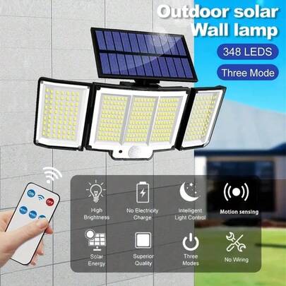 348 LED Solar Wall Light, High Brightness Motion Sensor Flood Light, 3 Adjustable & Detachable Lamp Heads, Solar Powered With Remote Control, 3 Lighting Modes, IP65 Waterproof For Outdoor Wall And Street Lighting