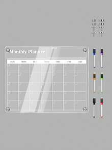 一套磁性亚克力白板，磁性冰箱留言板，透明白板，适用于计划、展示、日历，配有6支白板笔和磁性螺丝。