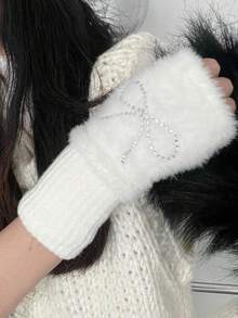 1 Pair Solid Color Rhinestone Bow Half Finger Gloves, Women's Plush Half Finger Gloves Suitable For Outdoor Warmth And Cold Protection In Autumn/Winter - Multicolor - View 2