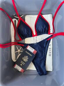 Bộ đồ bơi mùa hè dành cho nữ, kiểu Mỹ, áo hai dây chấm bi đỏ và xanh tương phản, bikini tam giác buộc dây, kiểu dáng ôm sát tôn dáng, che khuyết điểm vòng bụng, phong cách ngọt ngào, đồ bơi thời trang phù hợp cho kỳ nghỉ biển và chụp ảnh. - Nhiều màu - Xem 3