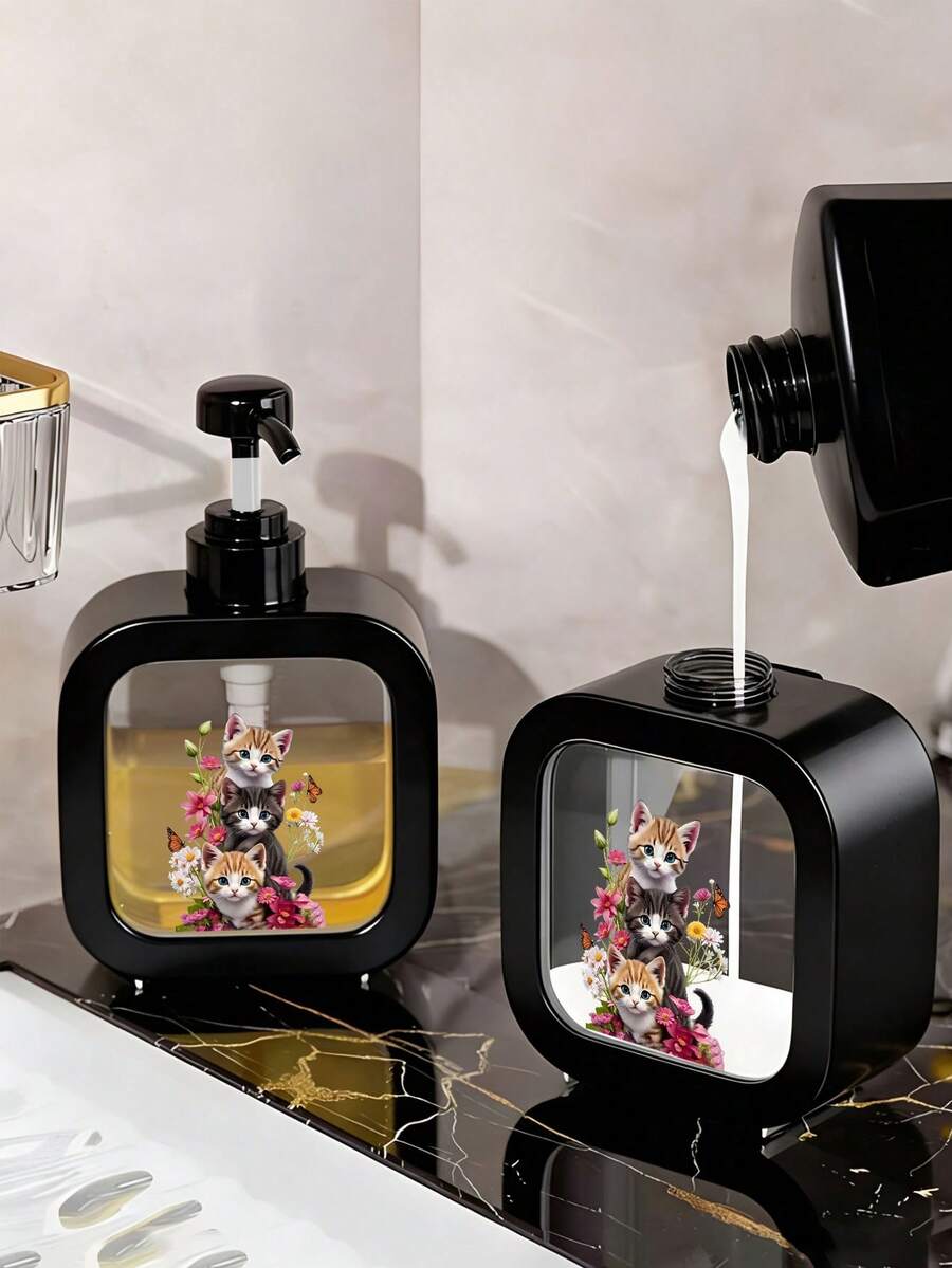 Cute Black Cat & Floral Soap Dispenser - Refillable Pump Bottle, Compact & Elegant, Suitable For Kitchen/Bathroom, Can Hold Dish Soap, Hand Wash, Lotion Etc. - Ideal Housewarming Gift For Cat Lovers, Spring Decor - Durable Plastic Material, Bathroom Accessory, Fun Design, Easy Pump, Home Decor - Multicolor - View 1