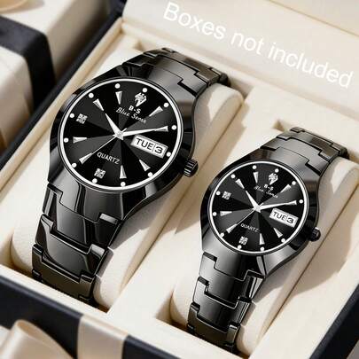 两只不锈钢情侣手表，合金表带和表盘，双日历日期显示，镶钻刻度石英腕表，情人节礼物