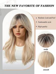 20英寸 Medlum 长发假发，女士渐变金色卷发假发，自然耐热合成假发，适合女性日常居家度假佩戴，带刘海 - 漸變金色 - 查看 9