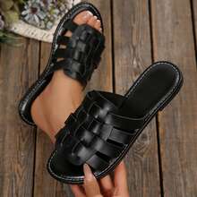 Womens Dressy Summer Sandals Outdoor Walking Travel Flats Slides Shoes Round Toe Braided Comfy Closed Toe Woven Vacation Mules - 黑色 - 查看 1