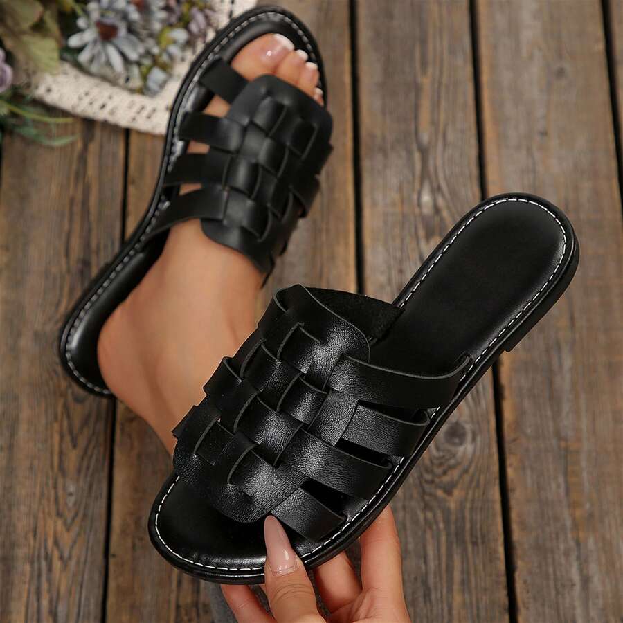 Womens Dressy Summer Sandals Outdoor Walking Travel Flats Slides Shoes Round Toe Braided Comfy Closed Toe Woven Vacation Mules - 黑色 - 查看 1