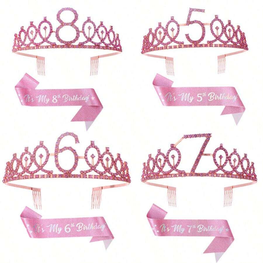 2pcs Pink Crown Headpiece Set, Includes Cute Sweet Birthday Crown, Party Headband, Shoulder Strap Decor With Rhinestones