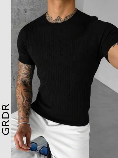  GRDR 男士夏季罗纹针织短袖衬衫，适合夏季社交聚会和用餐场合