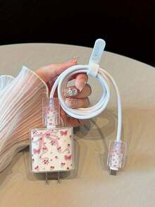 4pcs Transparent TPU Floral & Bowknot Pattern Charger Cable Protector Case + Matching Phone Case Compatible With 20W Fast Charging Compatible With IPhone 13/13 Pro/13 Pro Max/13 Mini - Black and White - View 5