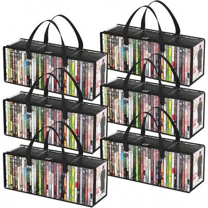 DVD Storage Bags 6 Pack, Clear PVC DVD Case Holder With Handles, Front Window Zipper Design, Stackable Media Organizer For Blu Ray Disc, Movie Cases, VHS Box, Hold 210 Pcs DVDs 35 Each