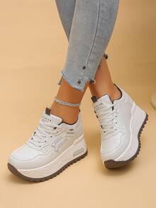 Women's Wedge Thick Sole Sneakers, Geometric Pattern & Letter Casual Lace-Up Athleisure Shoes, Suitable For Spring And Autumn