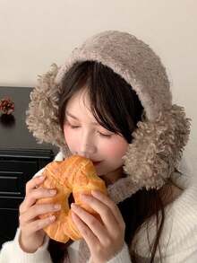 1件装女士毛绒耳罩，交叉毛领，彩色波点纱线围巾，冬季保暖，户外骑行适用，时尚百搭领带