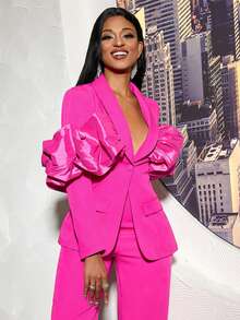Women Fuchsia Chic Ruffle Design Long Sleeve Blazer Spring Cocktail Party Music Festival Button Fit Jacket Work Wear - Hot Pink - View 6