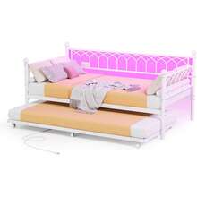 Cama diurna con litera, cama gemela con litera metálica y estación de carga con luces LED, marco de cama convertible con litera extraíble para sala de estar, habitación de invitados, apartamento, espacios pequeños - Blanco - Ver 5