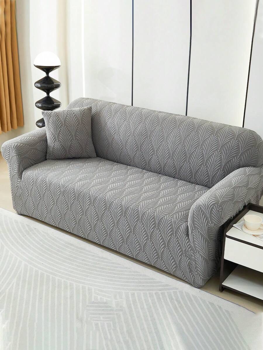 1pc Plush Fleece Gray Leaf Pattern Stretch Sofa Cover (Including 1pc Pillow Case), Nordic Modern Style Polyester Dust-Proof Anti-Slip Thickened Sofa Slipcover, Suitable For 1/2/3/4 Seater Sofa, Especially Suitable For Autumn/Winter Sofa Decor - Dark Grey - View 1