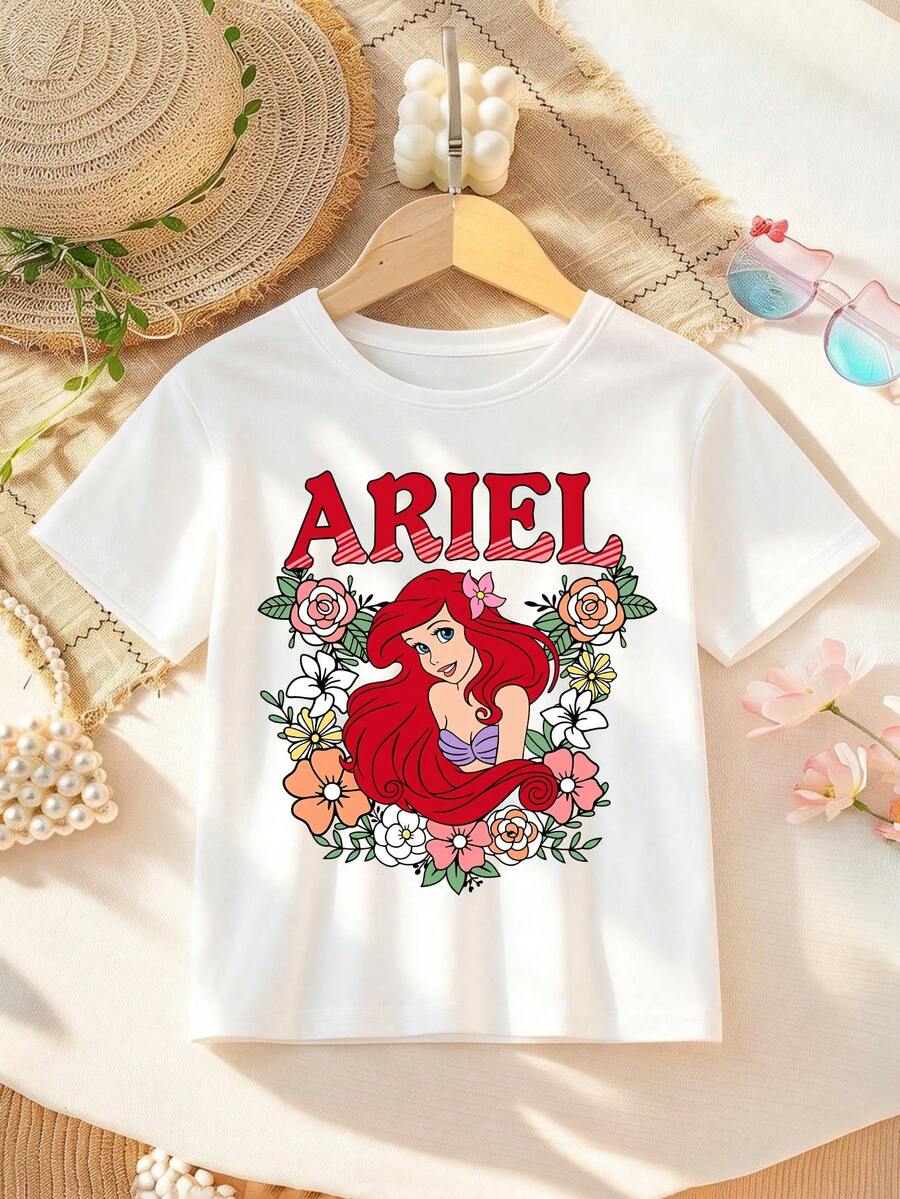 Disney Princess Ariel Print T-Shirt For Girls - Children's Clothing Design Short-Sleeve Casual Cute Style Comfortable And Relaxed Fit For Boys And Girls Perfect For Parties And Play Machine Washable Gift-Wrapped Children's Apparel Girls' Short-Sleeve Shirt - trắng - Xem 1