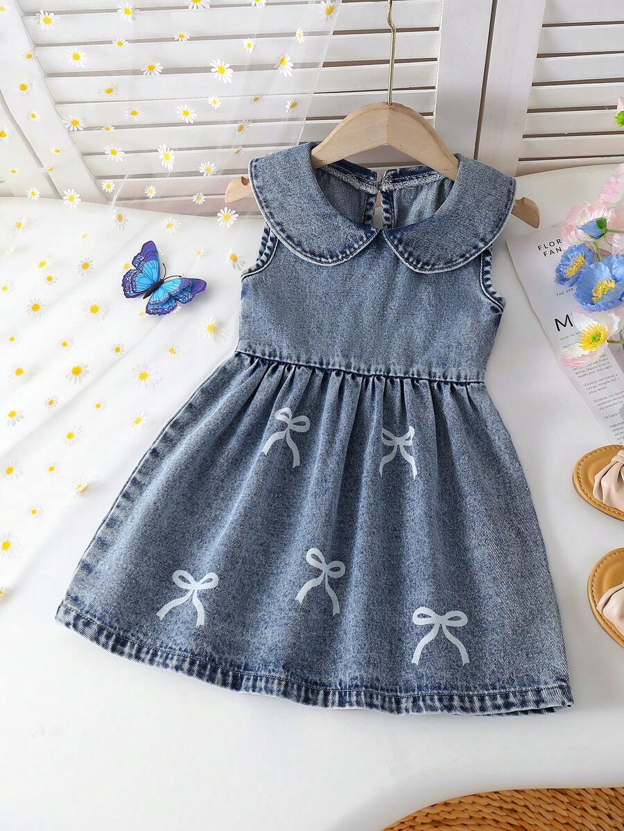 1件装 女童户外休闲日常可爱简约翻领蝴蝶结刺绣无袖牛仔背带裙 - 中等水洗藍 - 查看 1