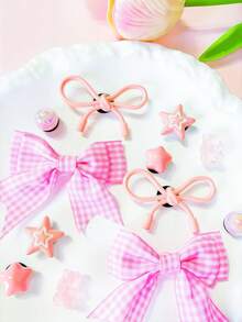 12pcs Pink Plaid Bow, Star, Teddy Bear Cute Y2K Style Shoe Clips, Suitable For Women Shoes, Sandals, Slippers, Garden Shoes, Beach Shoes DIY Decoration, Excellent Party, Birthday, Holiday Gift - Pink Double Bows - View 3