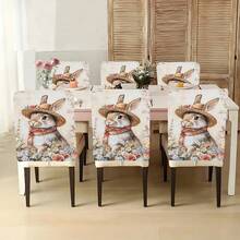 1pc/4pcs/6pcs/10pcs Easter Series Plush Chair Cover With Printed Image Of A Brown And White Rabbit Wearing A Floral Woven Hat And Patterned Scarf, Surrounded By Daisy, Rose And Other Flowers - Multicolor - View 8