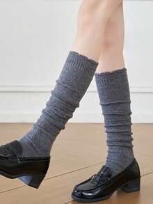 1双女士纯色复古花卉图案过膝长袜，加厚保暖腿套，秋冬款 - 彩色 - 查看 8