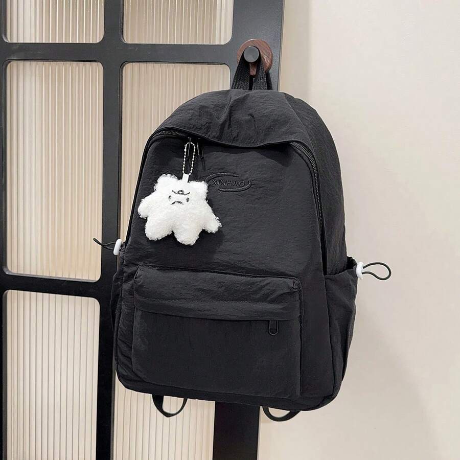 黑色简约百搭大容量女士单肩包，休闲简约风格背包，适合大学生，配有可爱吊坠 - 黑色 - 查看 1