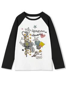 Y2K Aesthetic Graffiti Print Raglan Sleeve T-Shirt, Casual Loose Fit Women Long Sleeve T-Shirt With Cute Star And Heart Pattern - White - View 5
