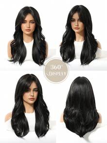 Tóc giả dài vừa phải 20 inch màu đen dành cho nữ, kiểu tóc xoăn sóng tự nhiên, chịu nhiệt, chất liệu tổng hợp, phù hợp cho nữ sử dụng hàng ngày, ở nhà hoặc đi nghỉ mát, có mái. - màu đen - Xem 6