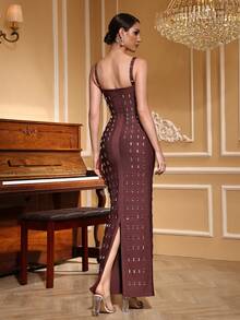 Girsdy 棕色无袖粗肩带露背修身绷带镂空优雅连衣裙，适合晚宴、演出、婚礼、派对、生日、春季假期等场合。 - 棕色 - 查看 2