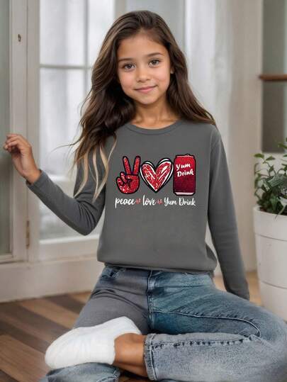 1pc Girls Casual Heart & Peace Love Graphic Print Crew Neck Long Sleeve T-Shirt, Youth Clothing For Valentine's Day