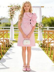 Tween Girls' Fashion Big Bow Off-Shoulder Bridesmaid Wedding Party Prom Elegant Birthday Ball Gown Princess Pageant Graduation Dress - Pink - View 1