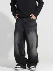 Teen Boy Vintage Washed Black Curved Leg Wide Leg Jeans - Black - View 3